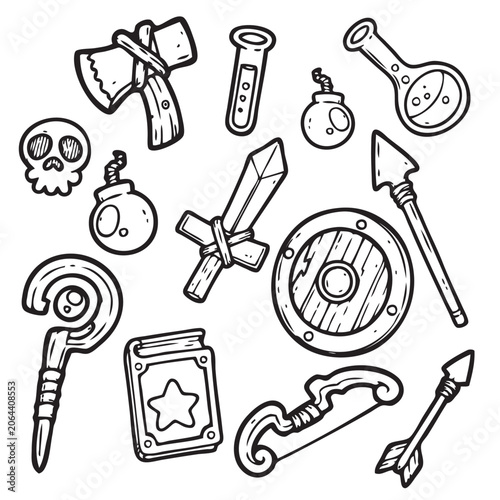 Hand Drawn RPG Item Icons Vol. 1 – Fantasy Weapons, Potions & Adventure Doodle Assets