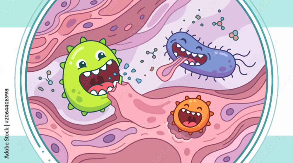 Obraz premium Cartoon illustration of bacteria under microscope.