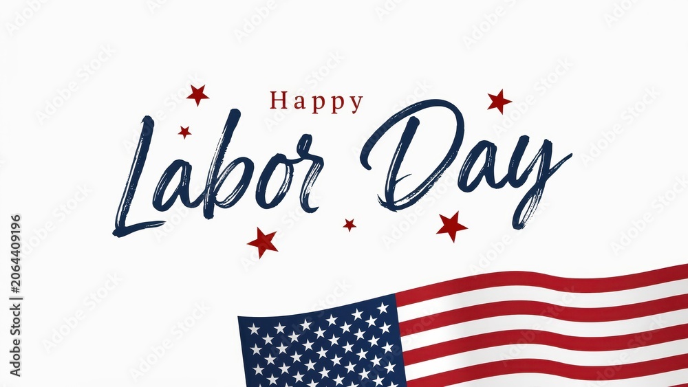 Obraz premium Labor Day greeting card with elegant blue brush typography and United States flag design on a clean white background