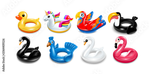 A set of inflatable toys for swimming in the pool. Swans, flamingos, ducklings, toucan, peacock, and unicorn. Vector, isolated on white background.