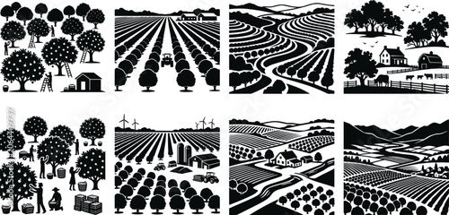 Foto Agriculture Landscape and Farm Harvesting Silhouette Icon Set with Cultivated Fi