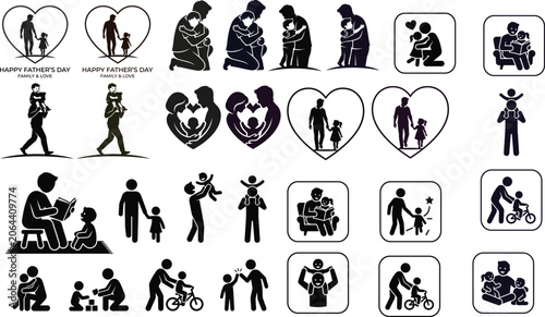 Slika na platnu Black silhouettes of fathers and children in various heartwarming moments and ac