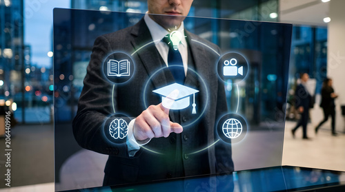 Businessman interacting with education icons, virtual learning interface, e-learning technology, digital classroom tools isolated on Transparent Background
