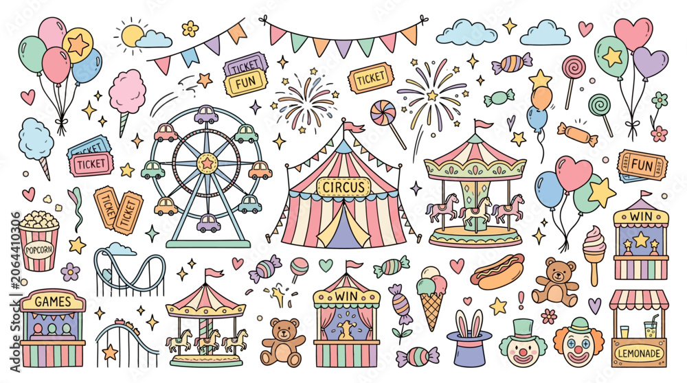 Naklejka premium Colorful amusement park rides icons set.
