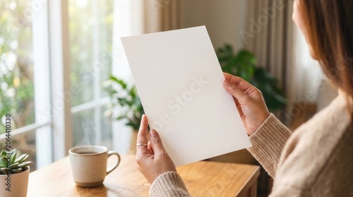 Woman holding a blank white piece of paper in a cozy indoor setting