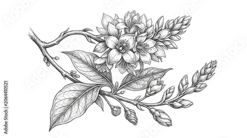 Detailed drawing of a flower branch.