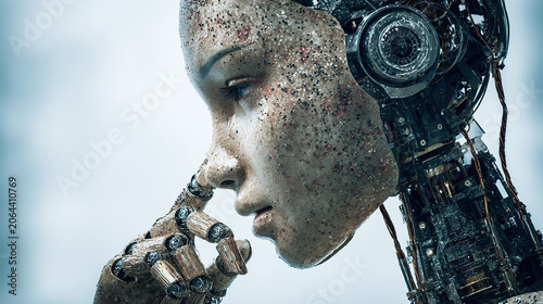 A profile close-up of a contemplative humanoid robot with a textured, speckled face skin texture and intricate internal mechanical components visible on its head and neck