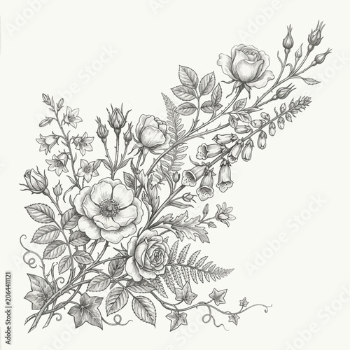 Detailed drawing of blooming floral arrangement.