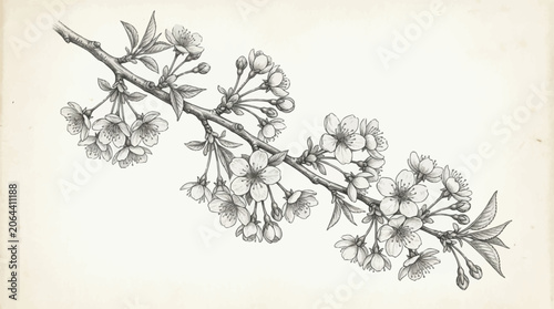 Detailed drawing of blooming tree branch.