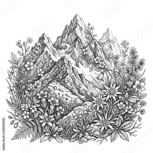 Detailed drawing of mountain peaks.