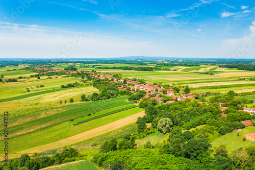 Aerial view of beautiful countryside landscape, village of Daruvarski Brestovac, Daruvar, Croatia 