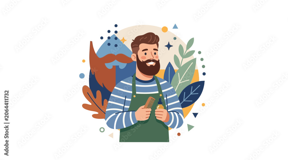Naklejka premium Happy Bearded Gardener Holding Carrot with Nature Elements Illustration