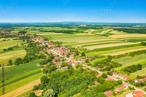 Aerial view of beautiful countryside landscape, village of Daruvarski Brestovac, Daruvar, Croatia 