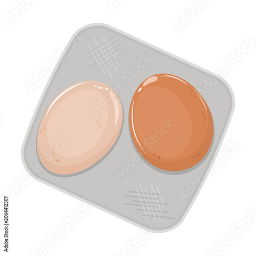 White and dark chicken eggs on gray plate. Realistic breakfast. Vector isolated illustration. Two chicken eggs placed on square tray are shown from above. This simple design is suitable for topics rel
