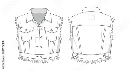 Technical Denim Waistcoat Sketch Front and Back Views Featuring Frayed Edges and Chest Pockets Fashion Flat Template