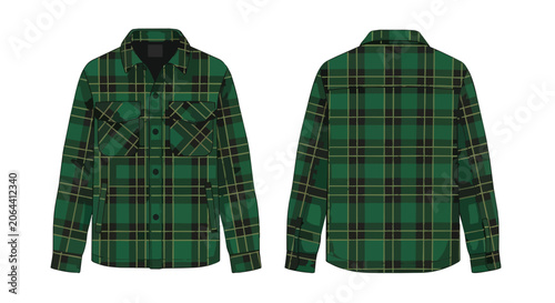 Green and Black Plaid Flannel Shirt Technical Illustration Front and Back View Fashion Apparel Template Design Mockup