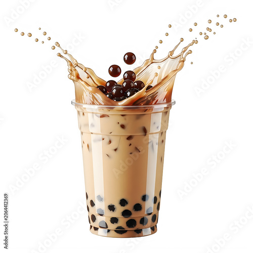 A cup of bubble tea with boba splashing out