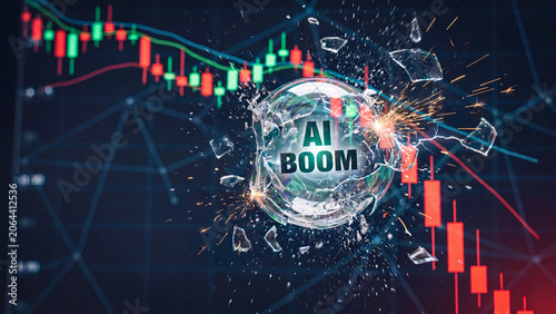 AI boom glass sphere shattering over declining stock chart concept for technology market bubble and financial volatility including artificial intelligence investment risk