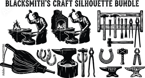 Tableau sur toile Blacksmith craft silhouette vector bundle featuring ironworkers anvil hammers to