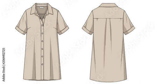 Women's Short Sleeve Button Down Shirt Dress Technical Flat Sketch Front and Back View in Beige Fashion CAD Template