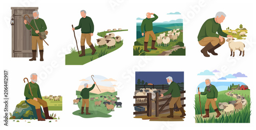 Fotografija Set of Illustrations of an Elderly Shepherd Herding and Caring for a Flock of Sh