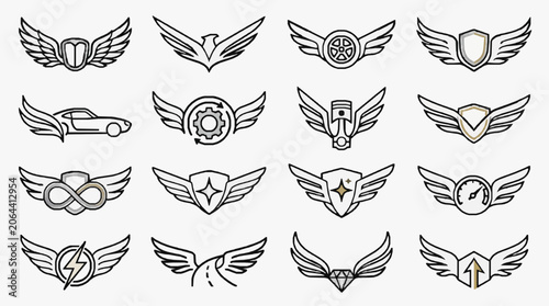 Creative Aviation and Motorsport Emblem Collection Featuring Dynamic Winged Badges with Symbolic Icons