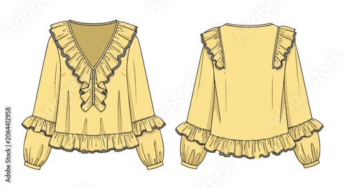 Elegant Yellow Blouse with V-Neck and Ruffles Fashion Technical Sketch Set with Front and Back Views for Garment Design