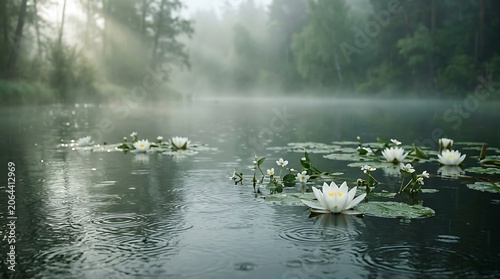 Ethereal misty lake with white water lilies, tranquil morning pond in foggy forest, serene nature landscape with sun rays and lily pads