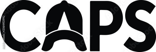 Caps text logo design featuring a baseball cap silhouette shape within letter a element.