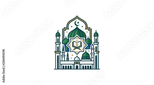 Islamic Mosque Illustration with Crescent Moon and Star Symbol