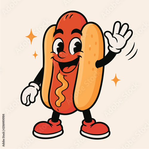 Hot Dog Mascot Cartoon Character Waving Hand