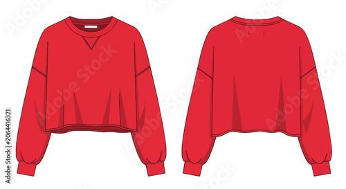 Red Cropped Sweatshirt Mockup Front and Back Views Long Sleeve Crew Neck Pullover Fashion Apparel Template Design
