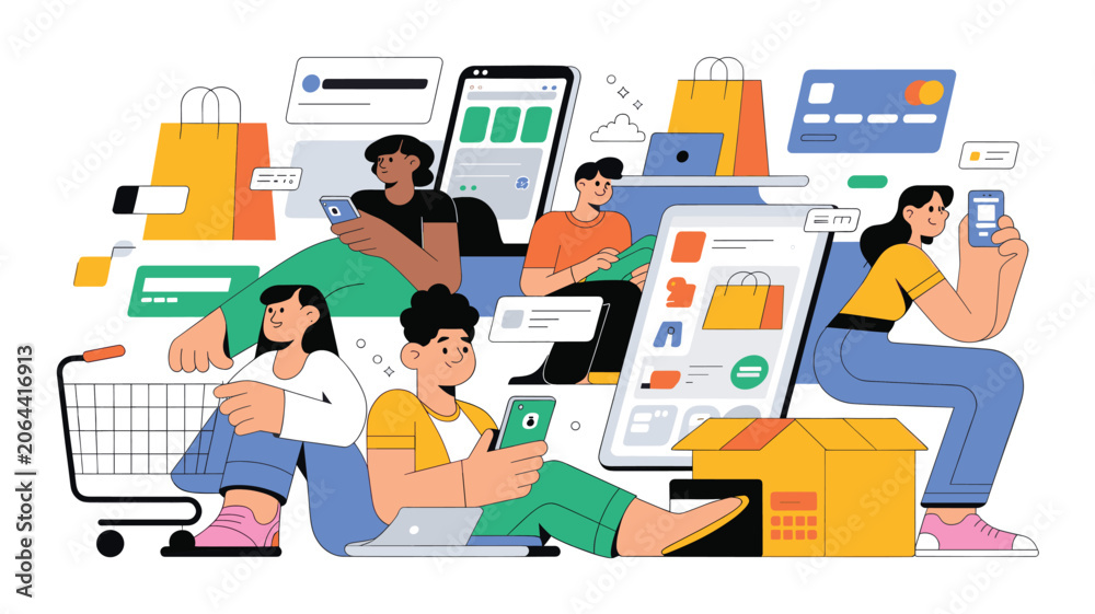 Fototapeta premium People using mobile phones and laptops for online shopping and e-commerce transactions vector illustration