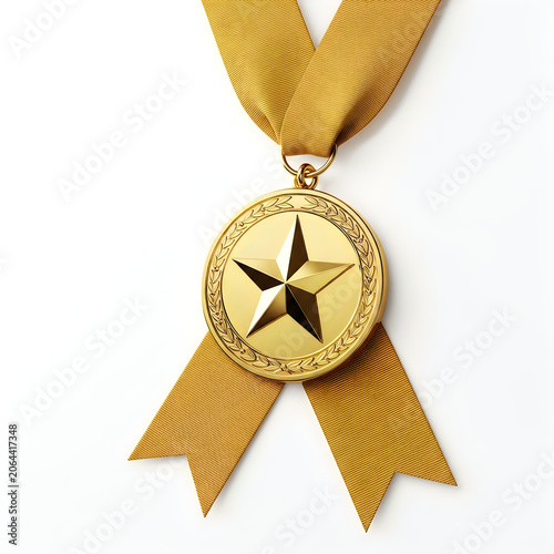A gold medal with a star on a ribbon