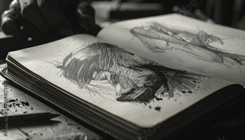 Well-worn leather-bound sketchbook open to detailed charcoal and pencil drawings