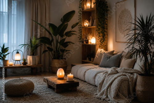 Cozy living room bathed in warm, golden candlelight