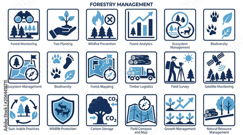 Forestry management icons and symbols.