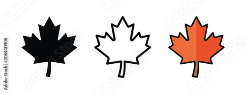 maple leaves in different styles and colors on white background  black outlined colored and gradient