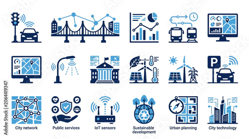 City Technology Infrastructure Icons Set.