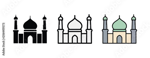 mosque icons in different styles and colors on white background for design and religious themes  mosque architecture symbols