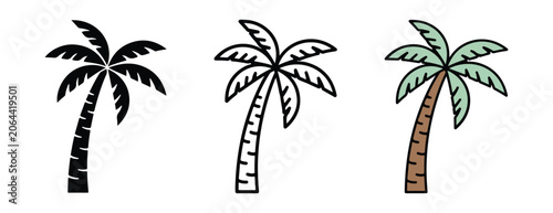  palm trees in different line art styles on white background