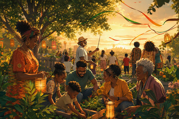 African American Community Celebrating Juneteenth National Independence Day at Sunset Gathering
