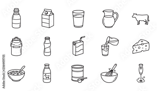 Konstfotografi Dairy Products and Milk Icons - Hand Drawn Line Art Vector Set with Cow, Cheese,
