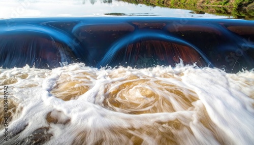 Powerful river rapids create swirling white foam and blue currents in a vibrant natural landscape