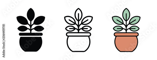  potted plants in different line art styles on white background  plant icons in solid black white outline and colored illustration
