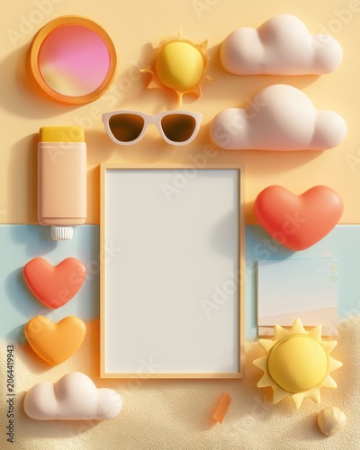Stylized Summer Flat Lay with Clipboard and Paper Clouds