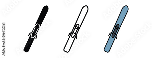 skis with different colors and bindings on white background  black gray blue ski equipment for winter sports