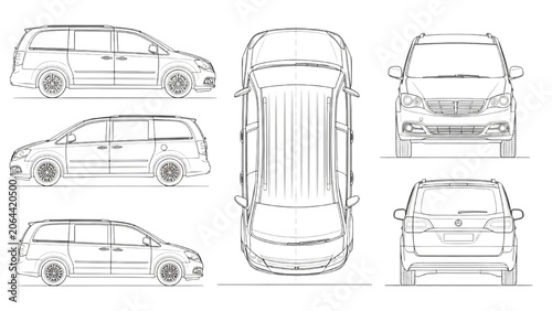 Fotografija Detailed 2D AutoCAD Vector drawing of a minivan from multiple angles