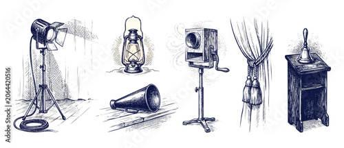 Fotografie Vintage cinema theater equipment clipart set in antique engraving style featurin