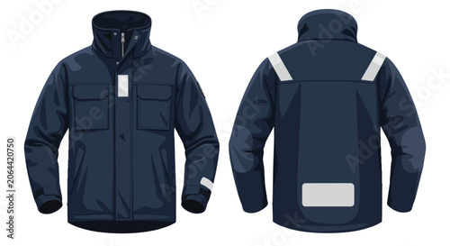 Heavy Duty Navy Blue Winter Work Jacket with High Visibility Reflective Strips Front and Back Technical Mockup Design